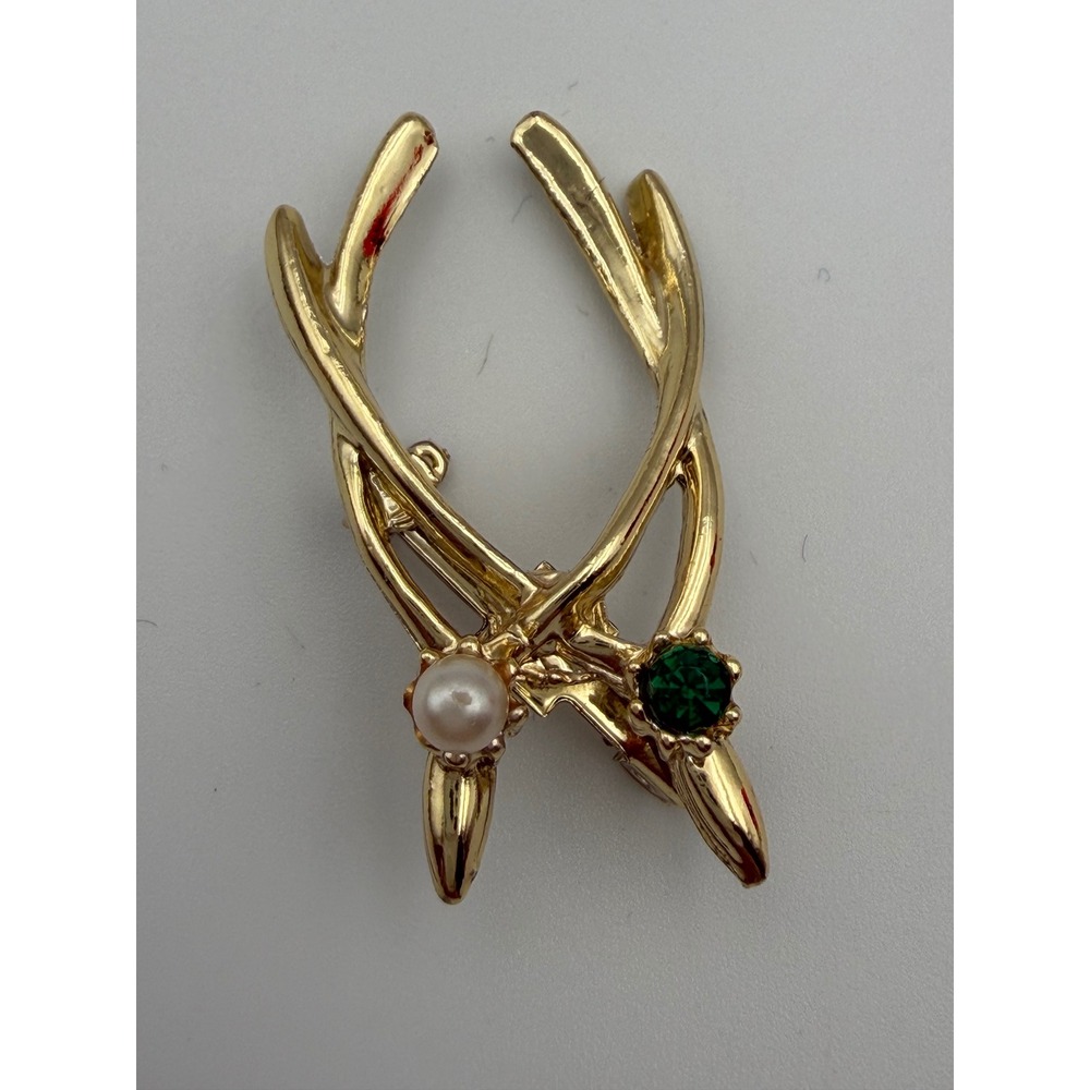 Vintage Gold Tone Double Wishbone Brooch Faux Pearl Green Rhinestone Pin